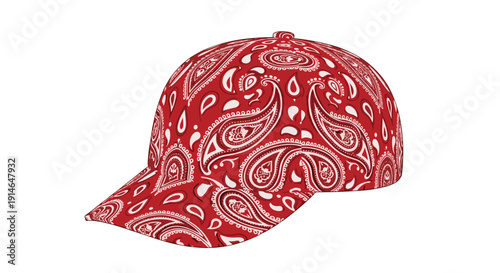 Red bandana-patterned cap with intricate paisley design isolated on a white background, showcasing detailed textile art and fashion accessory style