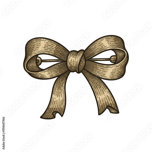 Elegant vintage-style bow brooch illustration, detailed in gold shading, isolated on a white background