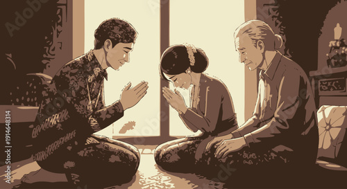 Traditional Japanese family performing a respectful bow in a serene room.