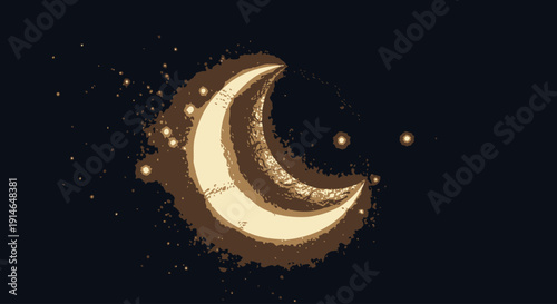 Golden crescent moon with sparkling stars on dark background.