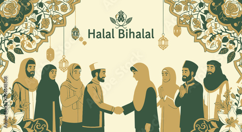 Group of Muslim people greeting each other during Halal Bihalal celebration with traditional Islamic decorative patterns.