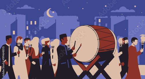 Traditional drummers performing in a lively urban night festival scene.