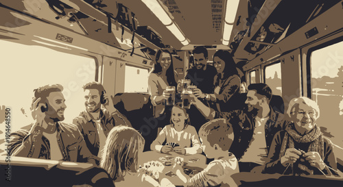 Group of friends enjoying a lively gathering inside a train carriage.