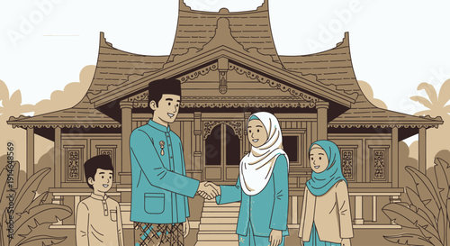 Traditional family greeting in front of a cultural wooden house with Islamic attire.