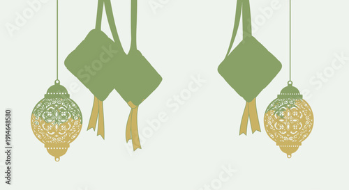 Decorative hanging ornaments with intricate patterns and tassels in green and gold tones.