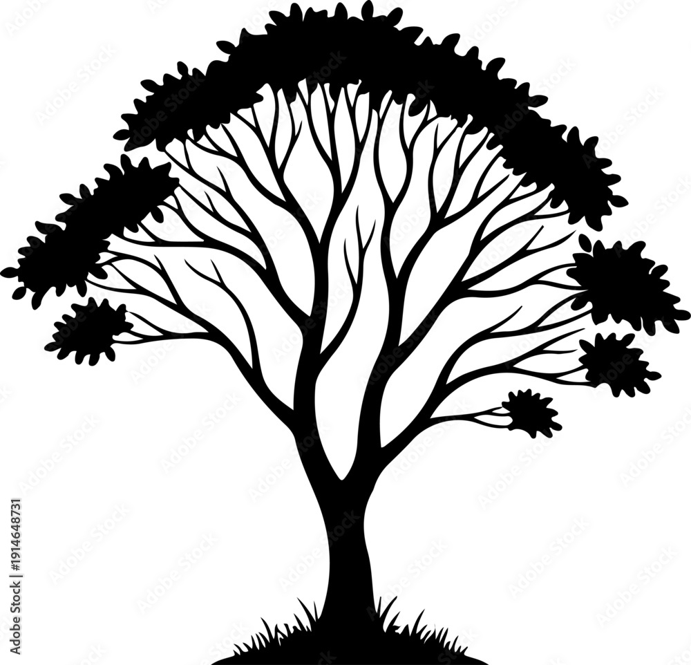 Obraz premium lone tree with gently curved branches and base grass Vector Art