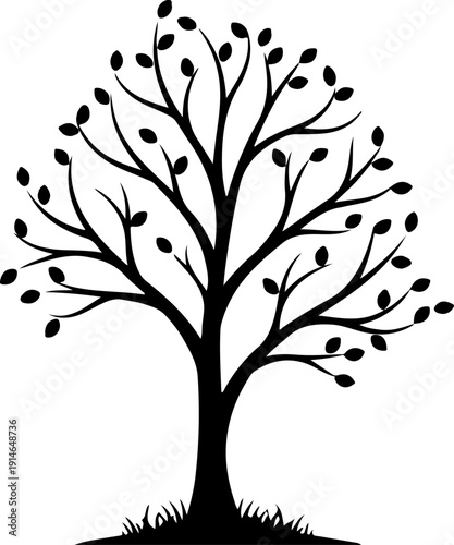 lone tree with gently curved branches and base grass Vector Art