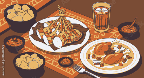 Illustration of a cozy indoor Thanksgiving dinner with roasted turkey and traditional side dishes.