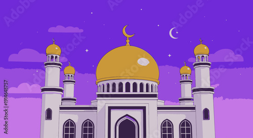 Illustration of a mosque with golden domes and crescent moons under a purple sky.