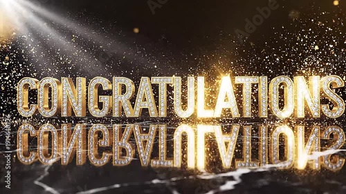Congratulations typography with gold dust blends perfectly into the text. Text emerging from darkness, made of polished gold with diamond