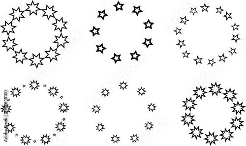 Collection of Circular Star Borders and Celestial Wreath Design Elements in Minimalist Black Line Art Style