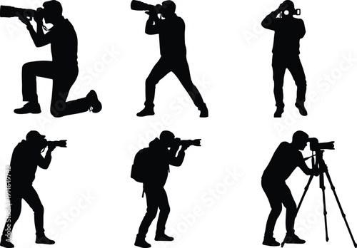 Diverse silhouettes of photographers using cameras, including one with a tripod and another with a backpack, in action poses.