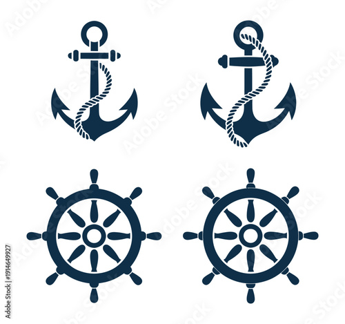 Nautical anchor with rope and ship steering wheel icon, blue sea helm and captain rudder objects, marine and sailing design elements, sailor and navigation symbols, clean vector illustration.