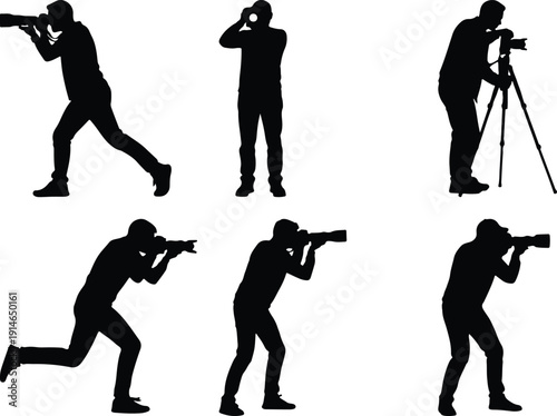 Group of six black silhouette figures of photographers, some using tripods, others holding cameras to their eyes.