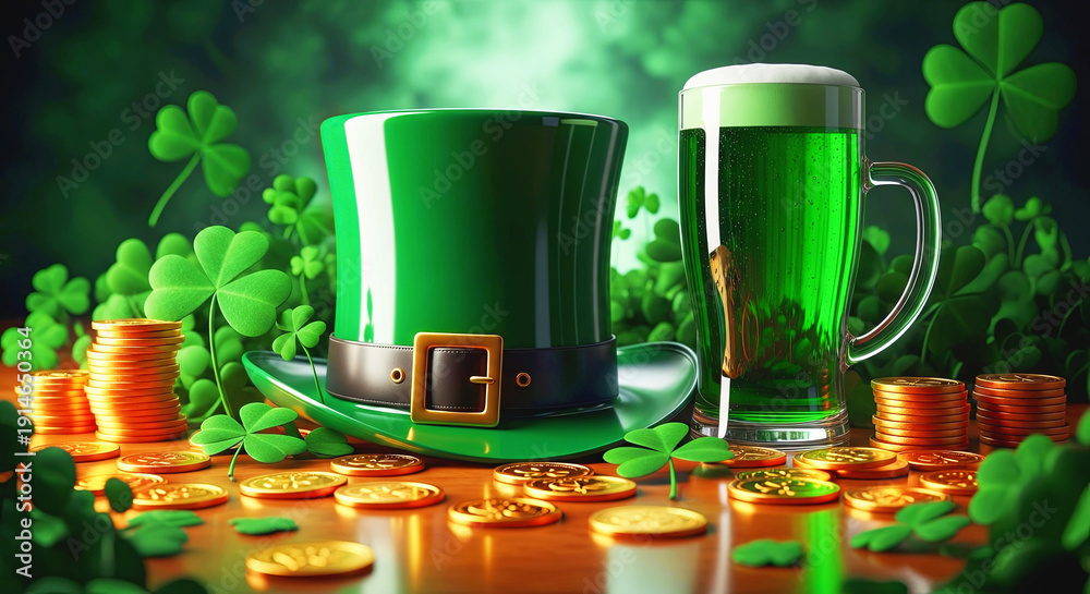 Fototapeta premium Green top hat, green beer, gold coins, and shamrocks on a wooden table for St. Patricks Day celebration. Traditional Irish festive decoration.