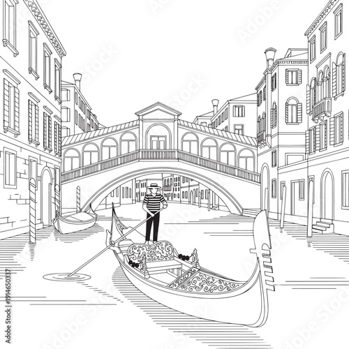 Gondola gliding beneath a historic bridge along a Venetian canal in a tranquil city scene.