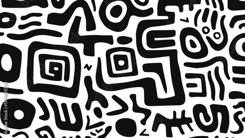 Abstract black geometric shapes on white background viewed from directly above