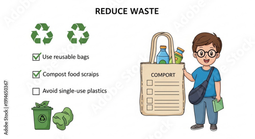 Cartoon man holding compost bag and reusable shopping bag with eco friendly tips on reducing waste and living sustainably