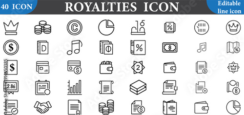 Royalties icon set with various business and finance symbols isolated on white background for royalty free use