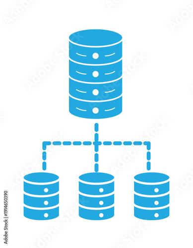 Distributed database server network icon with data flow architecture, minimal flat vector illustration for cloud computing and backend system storage.