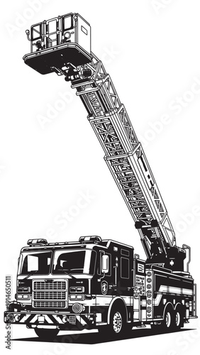 Fire Ladder Truck with Extended Aerial Platform in Urban Firefighting Operation.