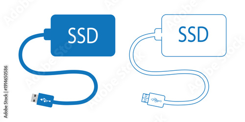 Portable External SSD Solid State Drive USB Cable Flat Outline Glyph Icon Set Storage Disk Symbol Vector Illustration.