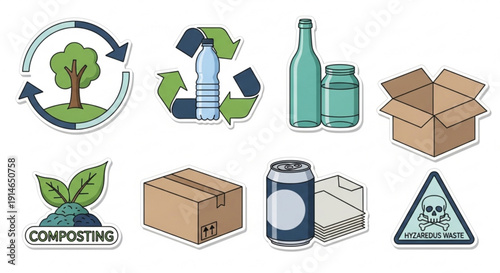 Eco friendly icons for recycling composting and sustainable living with symbols for bottles cans cardboard and hazardous waste