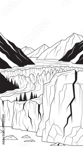 Monochrome landscape featuring snowy mountains, cliffs, and winding river valley.