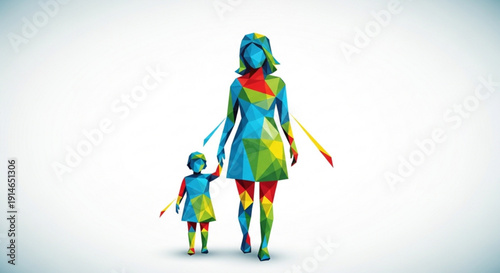 Vibrant woman and child walking hand in hand with colorful paint strokes on their bodies in a white background