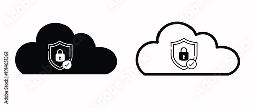 Cloud Security Shield Padlock Cybersecurity Data Protection Flat Glyph Outline Icon Set Vector