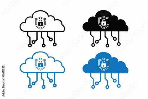 Cloud Security Shield Padlock Cybersecurity Data Protection Flat Glyph Outline Icon Set Vector