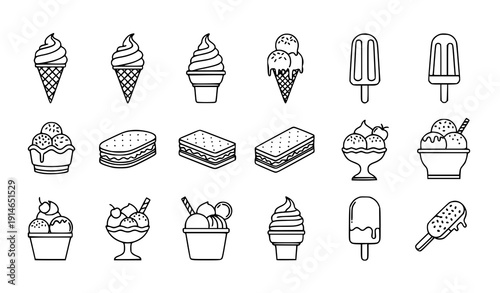 Ice cream thin outline vector set collection of dessert line icons for logos and labels