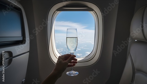 Passenger Holding Champagne Glass by Airplane Window with Clear Blue Sky During Luxury Flight Experience