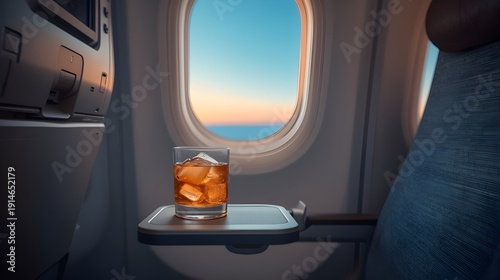 Luxury Airplane Window Seat Interior with Refreshing Drink and Soft Sunset Sky View During Flight