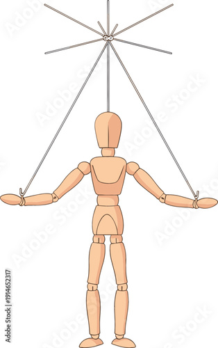 Wooden Puppet Marionette Controlled by Strings Illustration Symbolizing Manipulation, Control, Influence, and Power for Conceptual Design and Psychology Themes