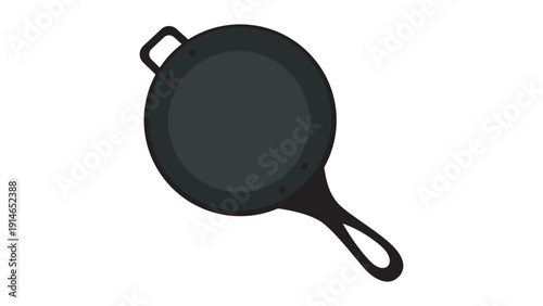 Circle cast iron fry pan with handle in cartoon style. Top view. Isolated Promo design element idea. 