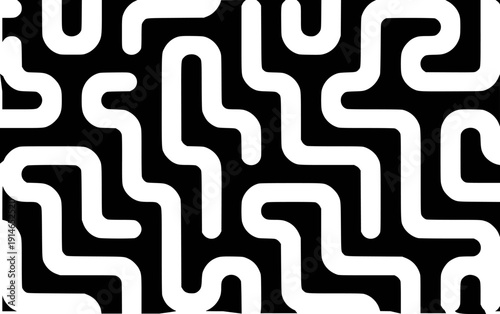 Black and white abstract maze pattern with rounded corners and flowing lines