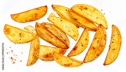 potato wedges on white background, top view, crispy potato wedges isolated on transp
