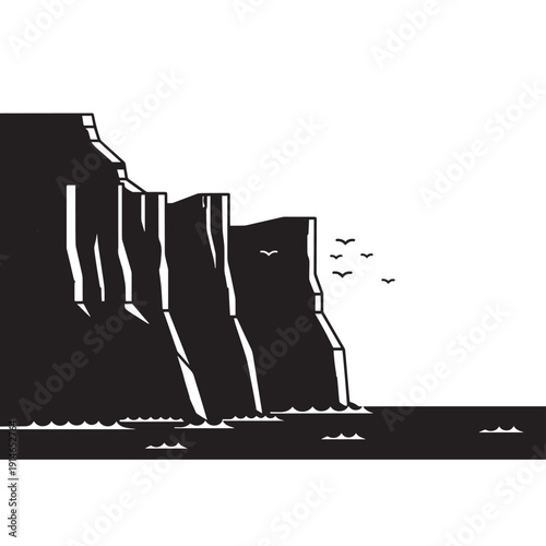 Monochrome cliff coastline with rugged cliffs and calm sea.