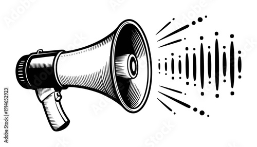 Black and white vintage megaphone emitting sound waves and dots white background