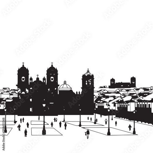 Historic urban skyline with domes, towers and busy plaza.