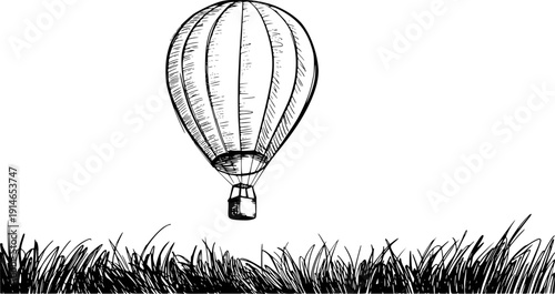 Hand Drawn Black And White Hot Air Balloon Floating Above Grassy Field travel adventure