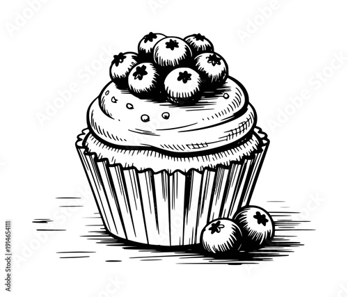 Hand Drawn of a Blueberry Muffin with Swirled Frosting and Berries cupcake
