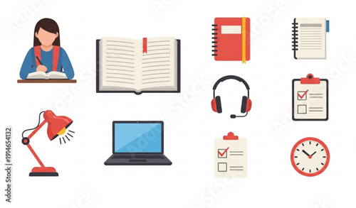 Self Study Education Icon Set Flat Vector Illustration Isolated on White