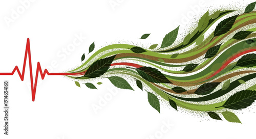 Illustration of colorful green leaves and red heartbeat line on white background, symbolizing eco sustainability and Holi Festival of Colors, conveying a sense of celebration and