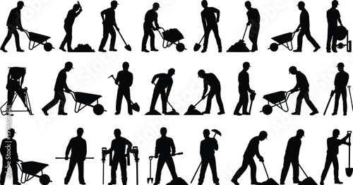 Construction laborer silhouettes set, workers with shovel wheelbarrow and tools, manual work collection isolated on white