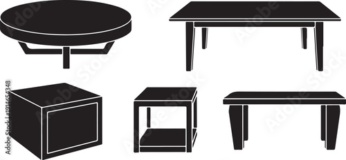 Collection of modern black furniture on white background illustration