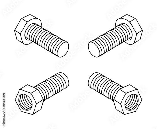 Isometric Line Hex Bolts and Nuts Isolated White Background hardware fastener