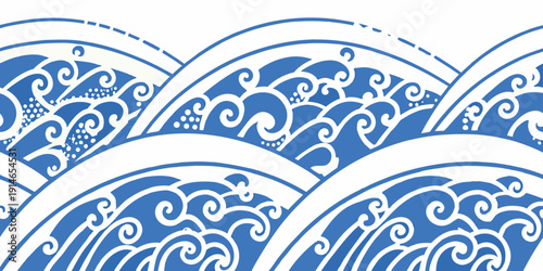Blue and white wave pattern with a repeating curved design