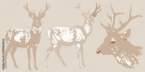 Three stylized deer portraits in a monochromatic earthy tone